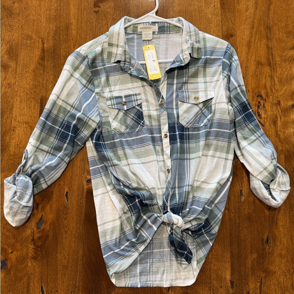 Girls Stitch Fix Size 12 Passport Chelsea Tie Front Hi Lo Hem Top Blue and Green